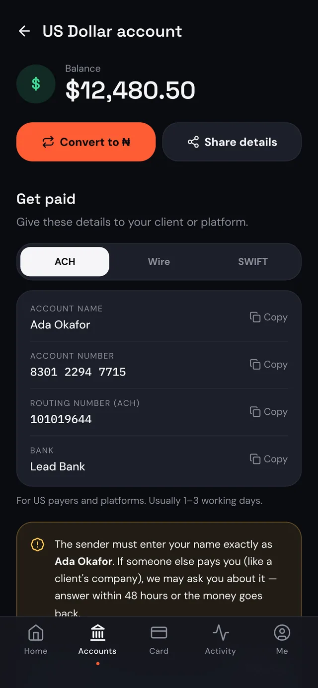 US dollar account details with ACH, wire and SWIFT
